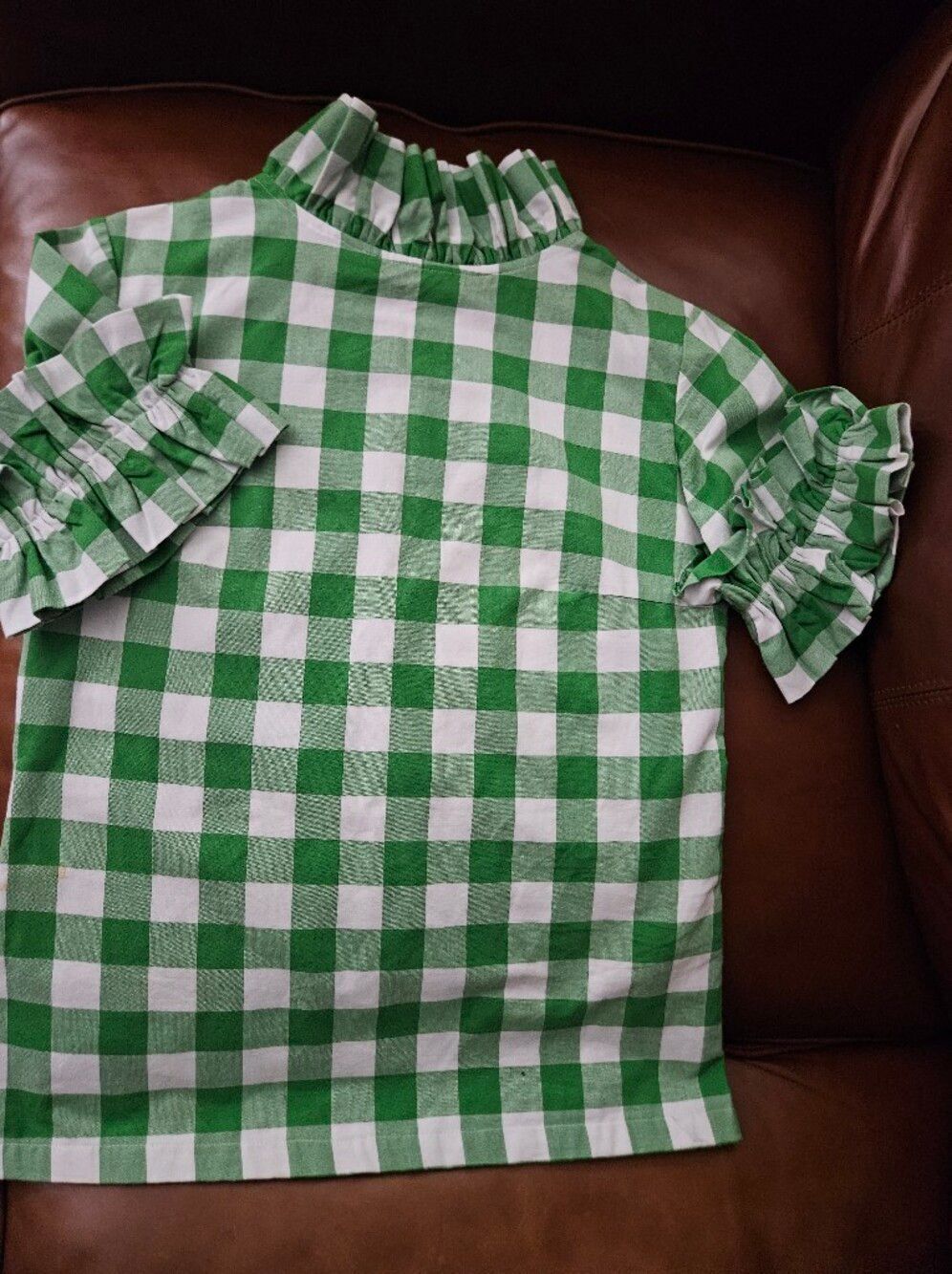 Elizabeth Wilson Top Ruffles Green White Adorable! Xs